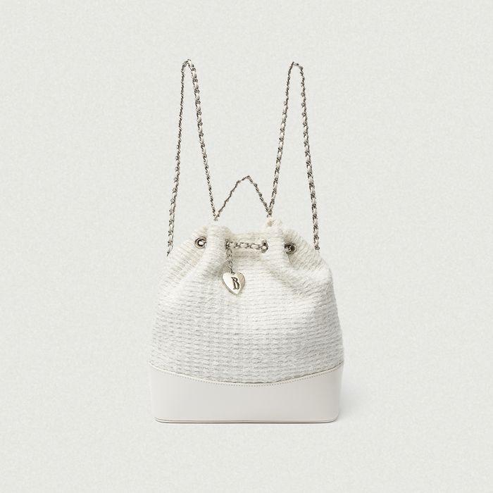 Tweed Drawstring Chain Backpack_Ivory