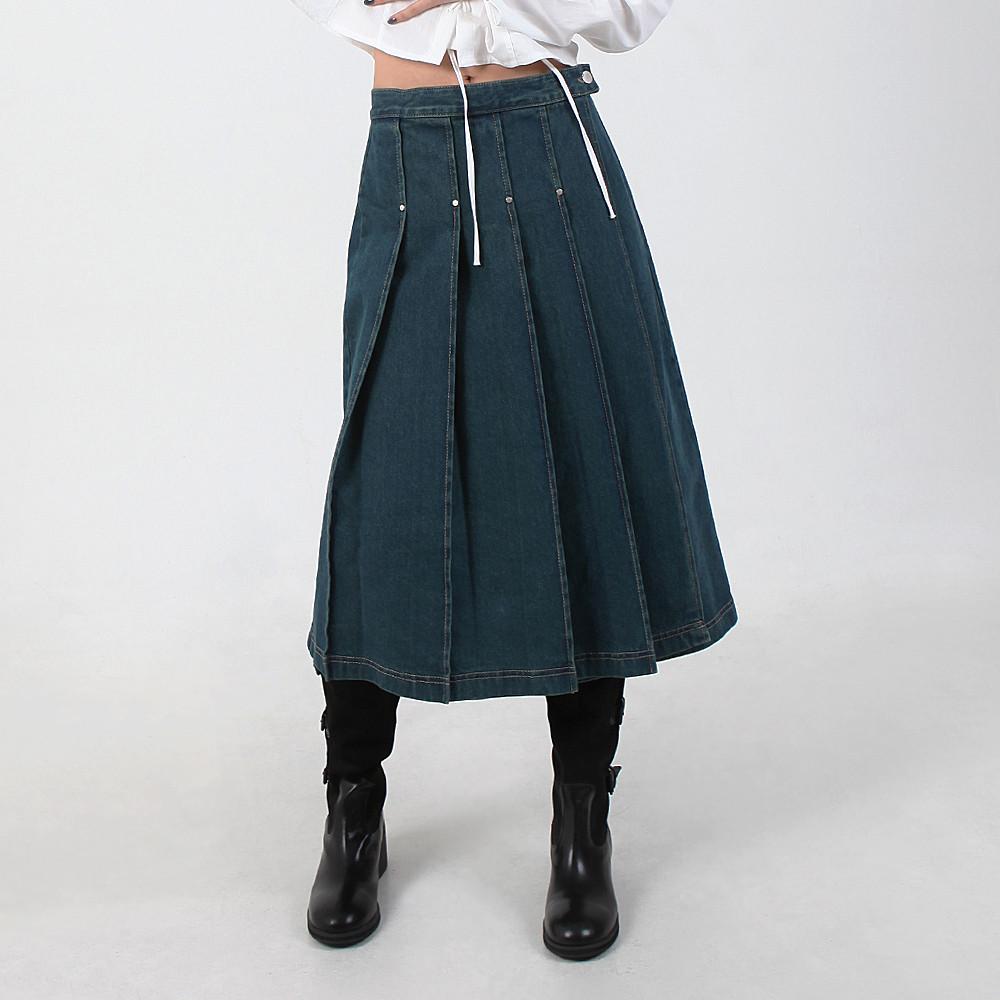 플리츠 데님 랩스커트 핀턱 주름 미디스커트