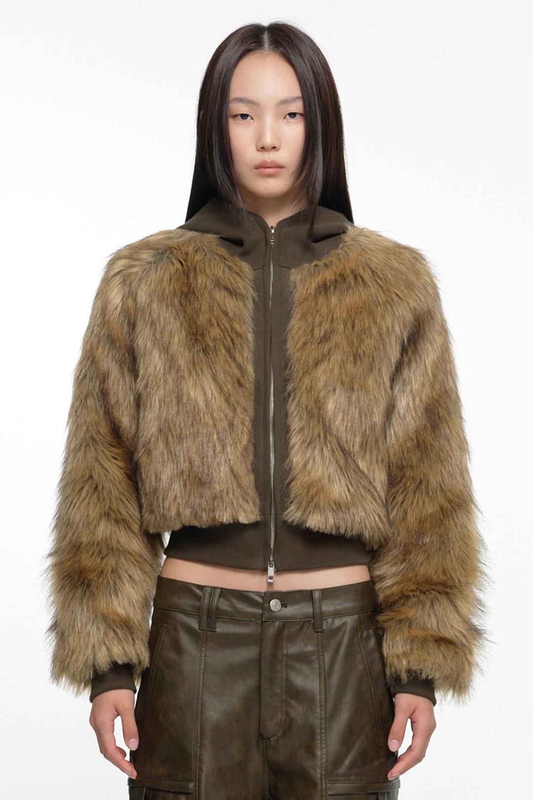 HOODIE CROP FUR JACKET KHAKI BROWN