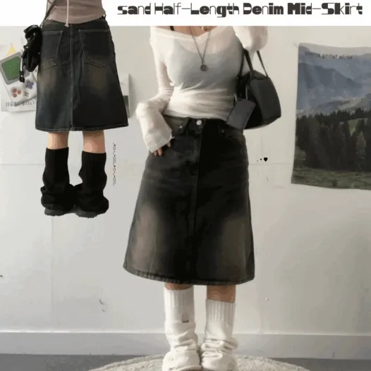 [진짜강추,핏대박!]sand Half-Length Denim Mid-Skirt