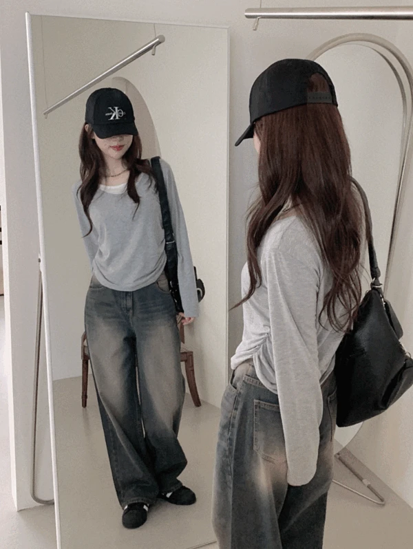 아얼즈 배색 셔링 밑단 굴림 긴팔티