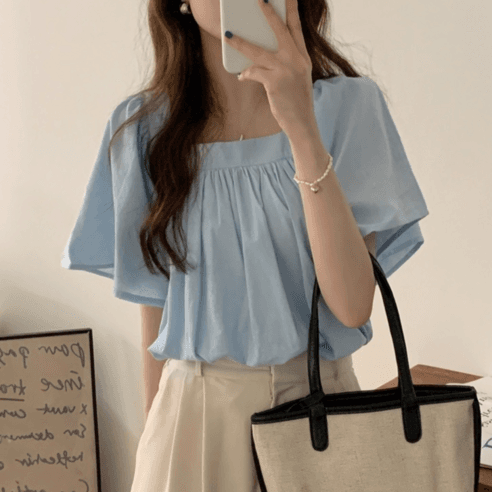 야오야오 여성용 스퀘어넥 셔링 반팔 블라우스 - 상의류 | 쿠팡