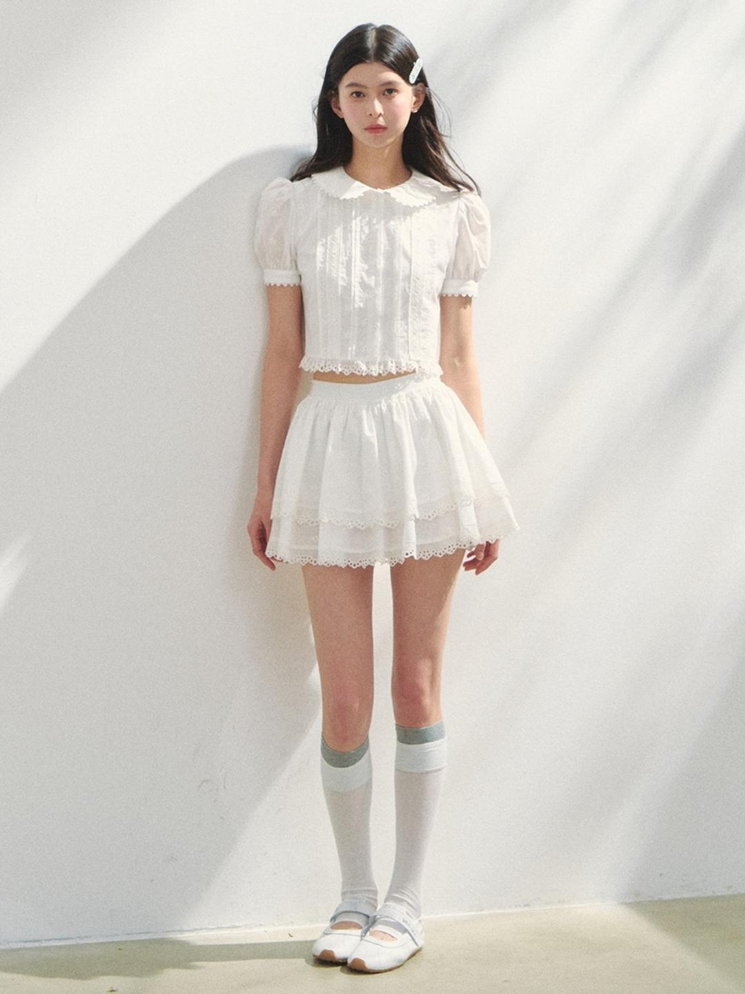 SunsetPark Floral Punching Lace Blouse & Double Skirt (2color)