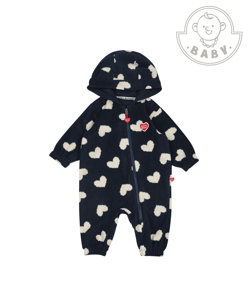BABY Navy BB Heart Pattern Fleece Hooded Jumpsuit