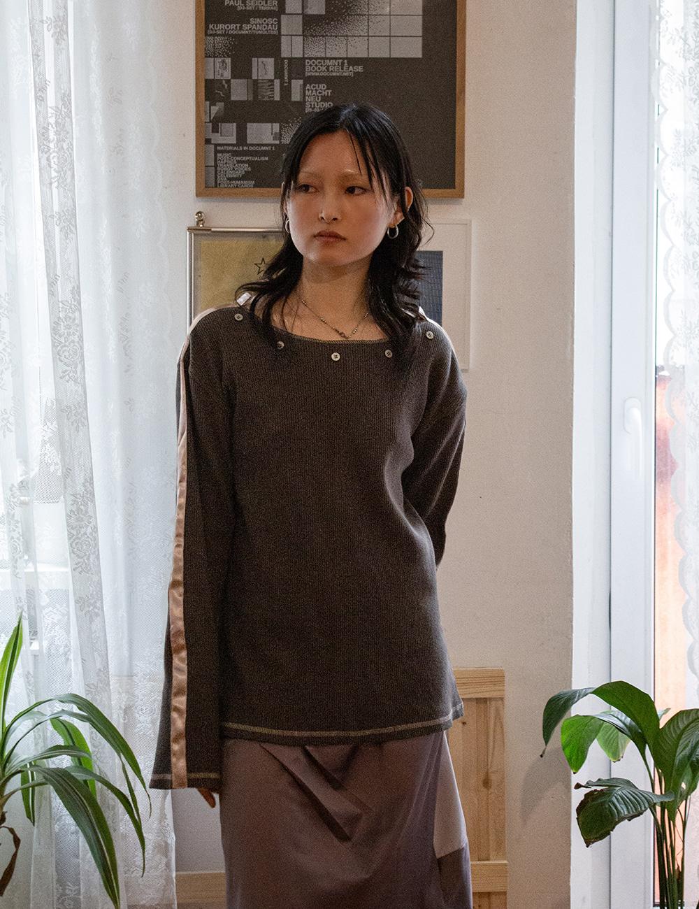 Button Hoodie Ribed Pullover in Dark Khaki