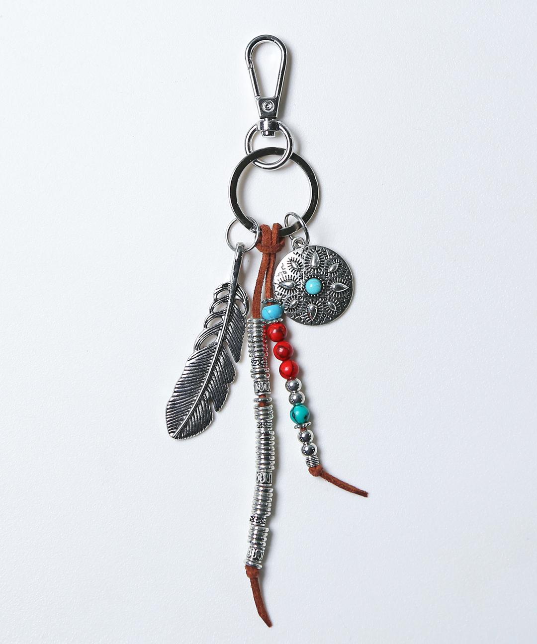 navajo feather & beads keyring brown