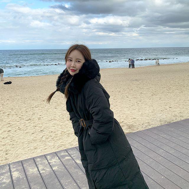[모델소장/가벼워요] 오리털 후드 퍼 벨트 롱패딩 점퍼