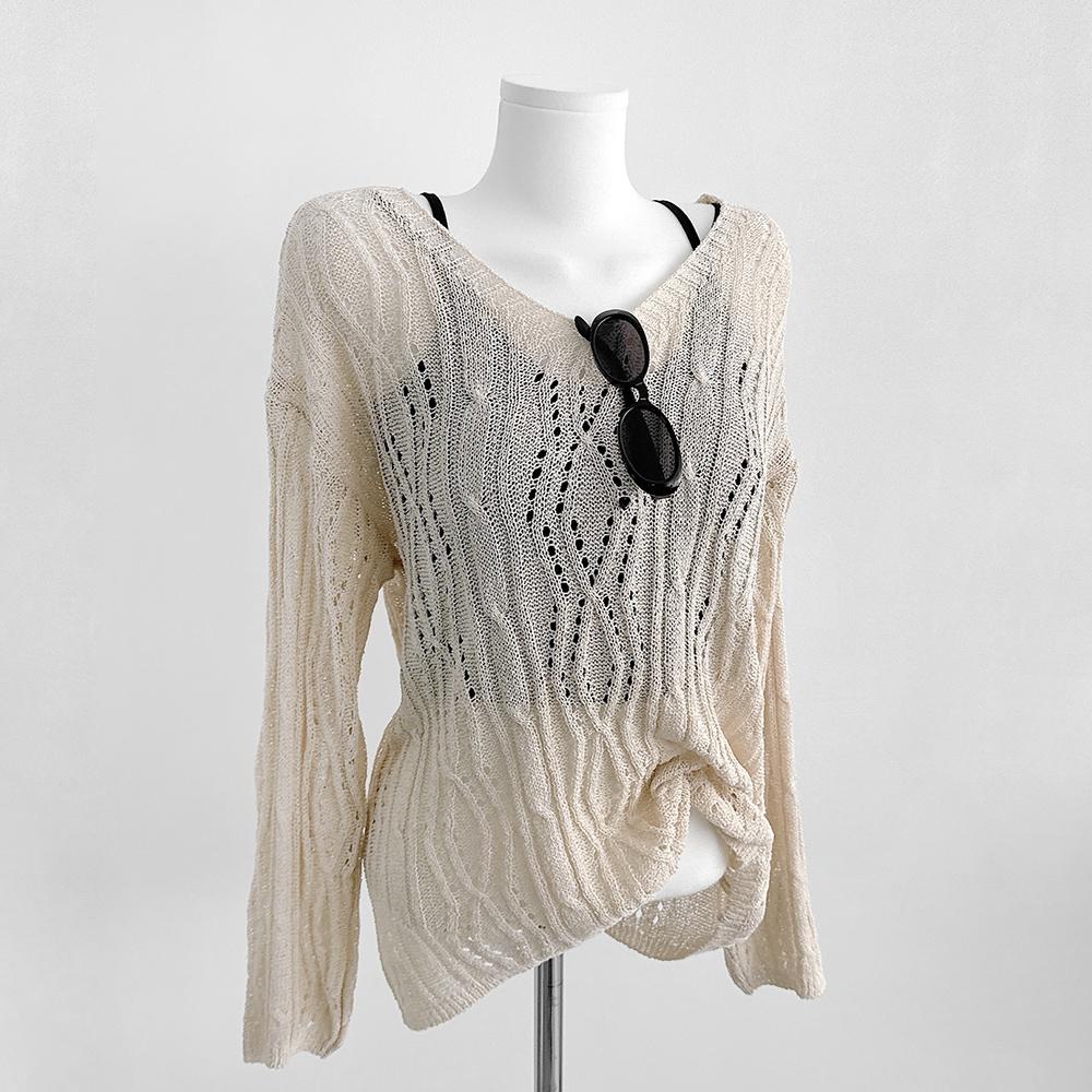 슈체 [단독]반전뒷태💥x끈 뒷트임 시스루 그물 펀칭 봄 여름 가을 니트