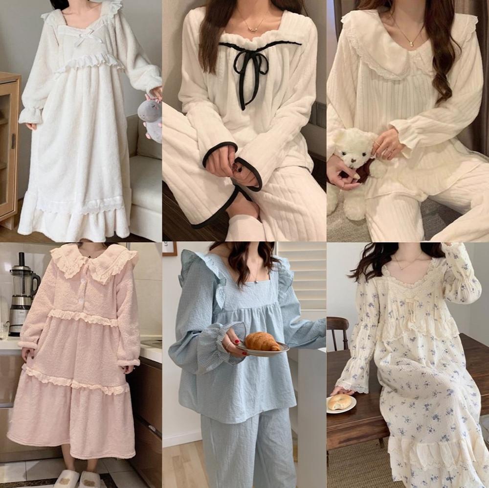 공주 레이스 프릴 원피스 잠옷 파자마 홈웨어 체크 곰돌이 여성 겨울 극세사 수면 잠옷