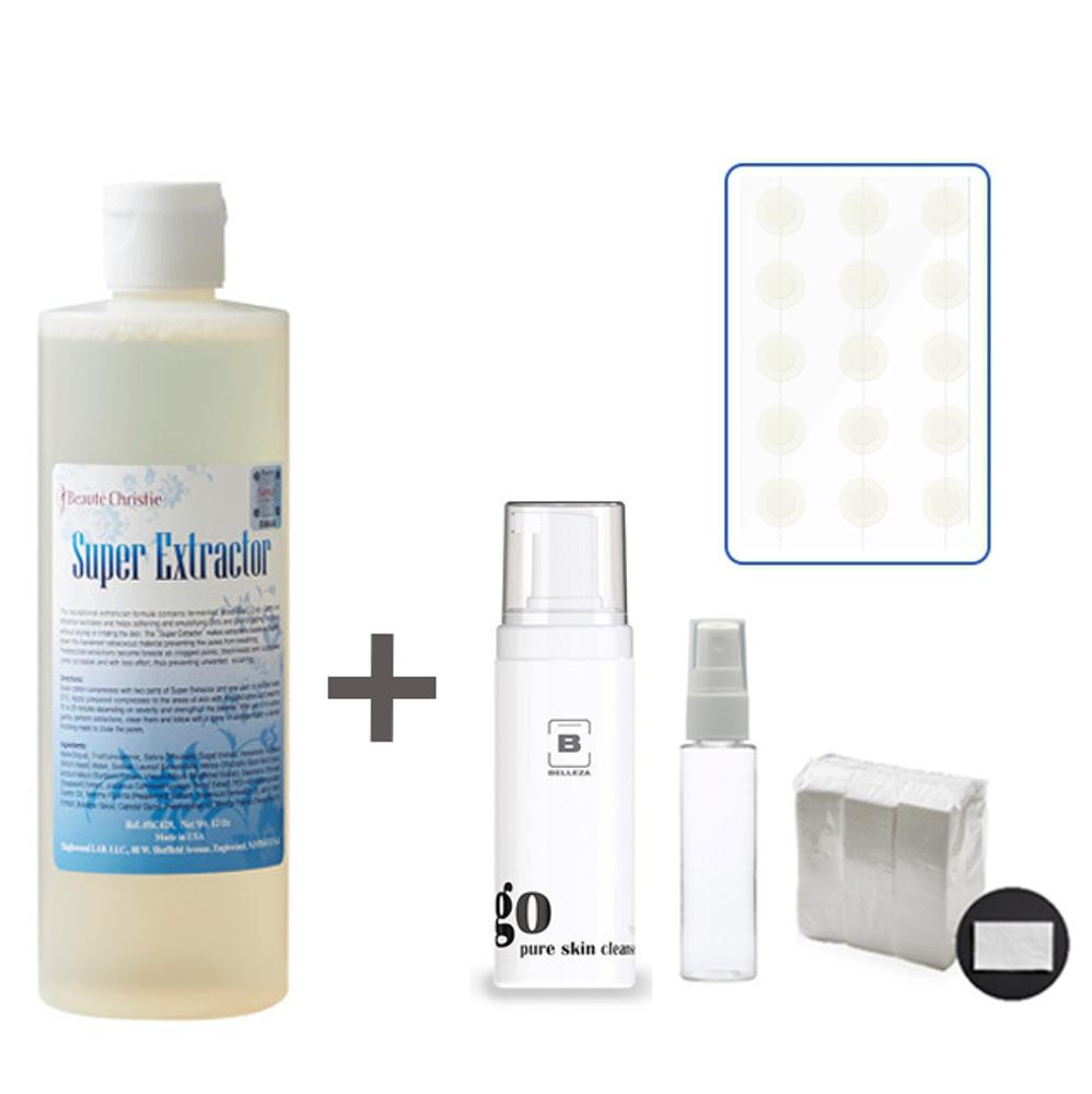 슈퍼익스트랙터(슈퍼엑스로션) 350ml+약산성클렌저+공병+화장솜(약400매)+트러블스팟패치  피지연화제 보떼 크리스티에 피지녹이는제품 피지제거액 상아코스메틱