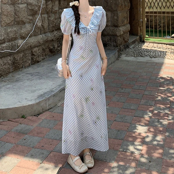 [러블리/여름코디] 버블 프릴 체크 브이넥 롱 원피스