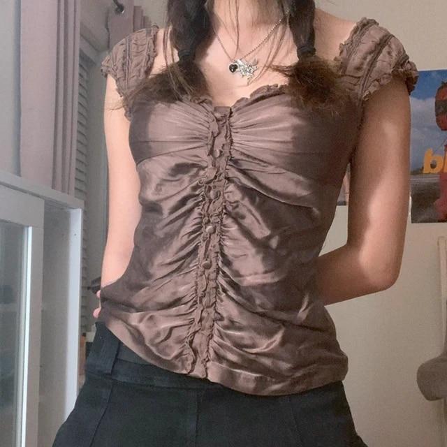 Dourbesty 2000s 브라운 새틴 티셔츠 Y2K 빈티지 페어리 그런지 버튼 레이스 업 자르기 탑 귀여운 스위트 아카데미 Alt Tees Women Outfits