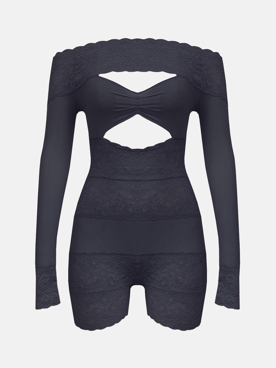 Davina Sleeved Romper Lace Raven Black - XS-M