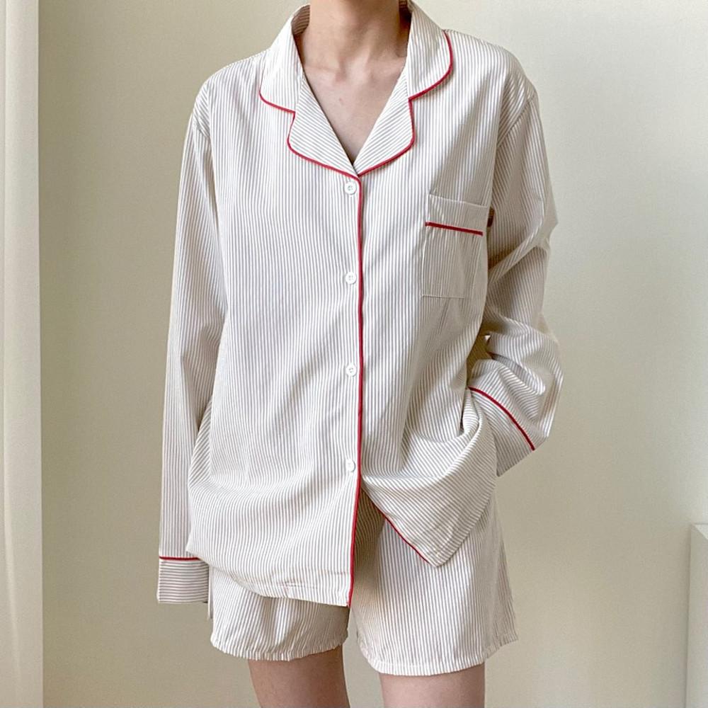 커플 잠옷 빅사이즈 로플 스트라이프 면 파자마 봄