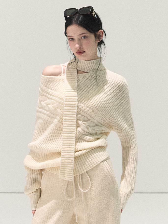 [OAK MOO] "Her Perspective\" Off-Shoulder Tie Wool Sweater