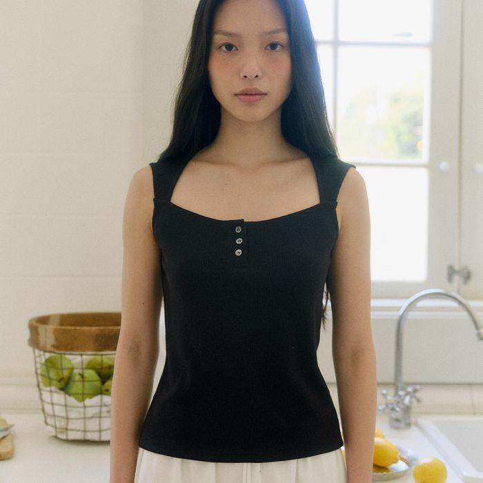 Waffle button cap sleeve T-shirt_black