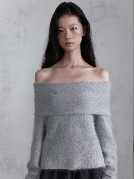 FLEECY ANGORA OFF SHOULDER KNIT (LIGHT GREY)