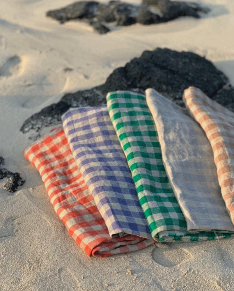 퓨어 린넨 큰 체크 원단 바이오워싱 선염 천 (린넨100%) 5color