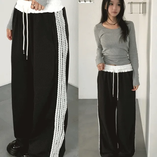 [6color/퀄보장🤍]우비  와이드 배색 레이스 라인 팬츠