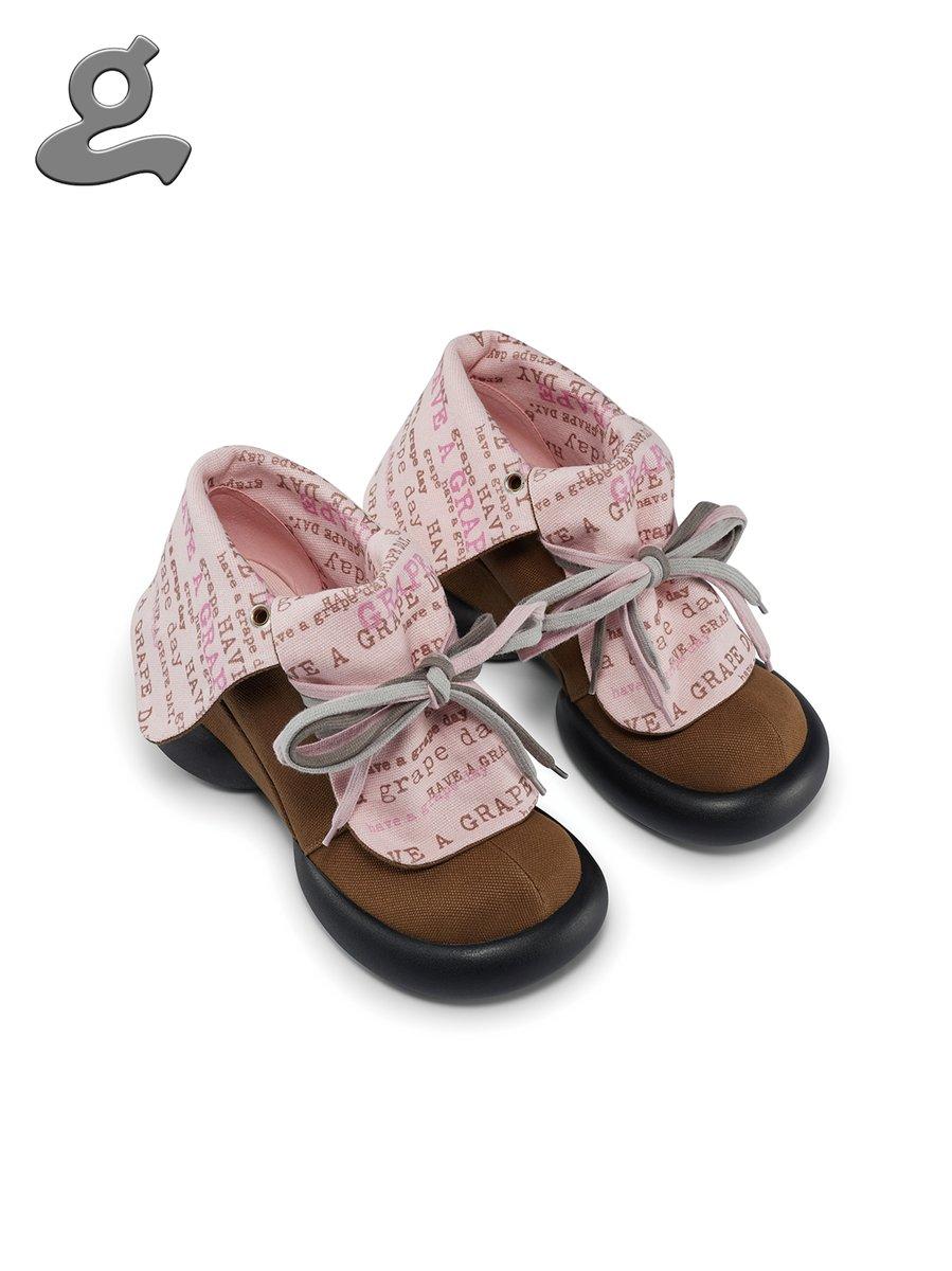 Brown-Pink Hood Drawstring Wedge Heel “RE-BOW”