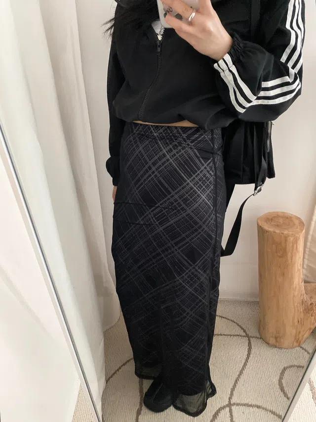 y2k 체크 레이어링 슬림 롱스커트_일랑