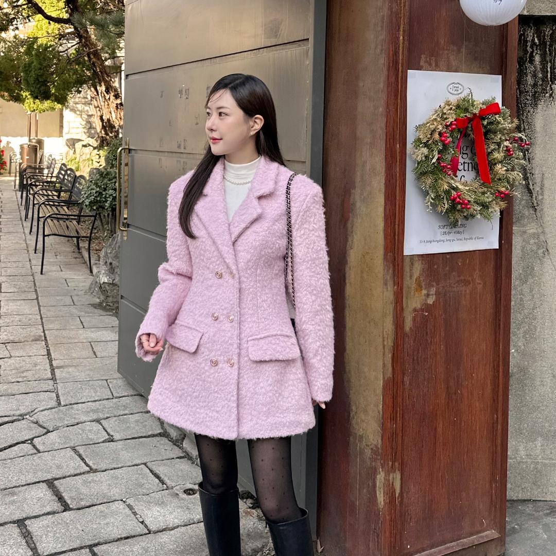 아워글라스 라인 부클 울 자켓 하프 코트 / 핑크, 블랙