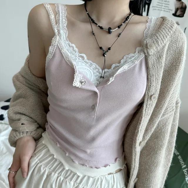 더블 레이어링 레이스 버튼 크롭 나시(3color)