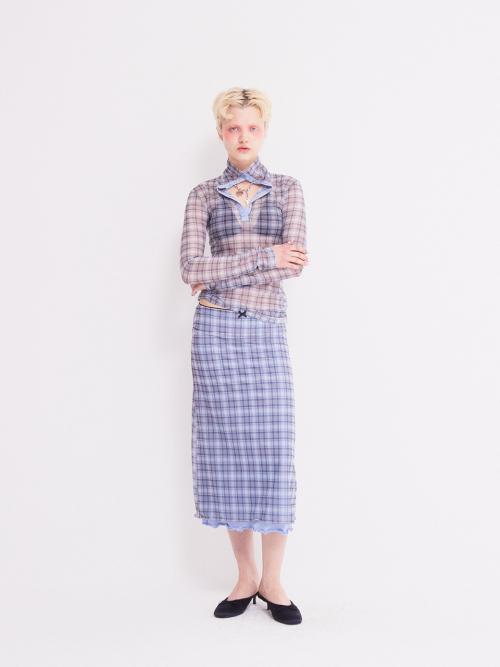 VINTAGE CHECKERED LONG SKIRT SKY BLUE