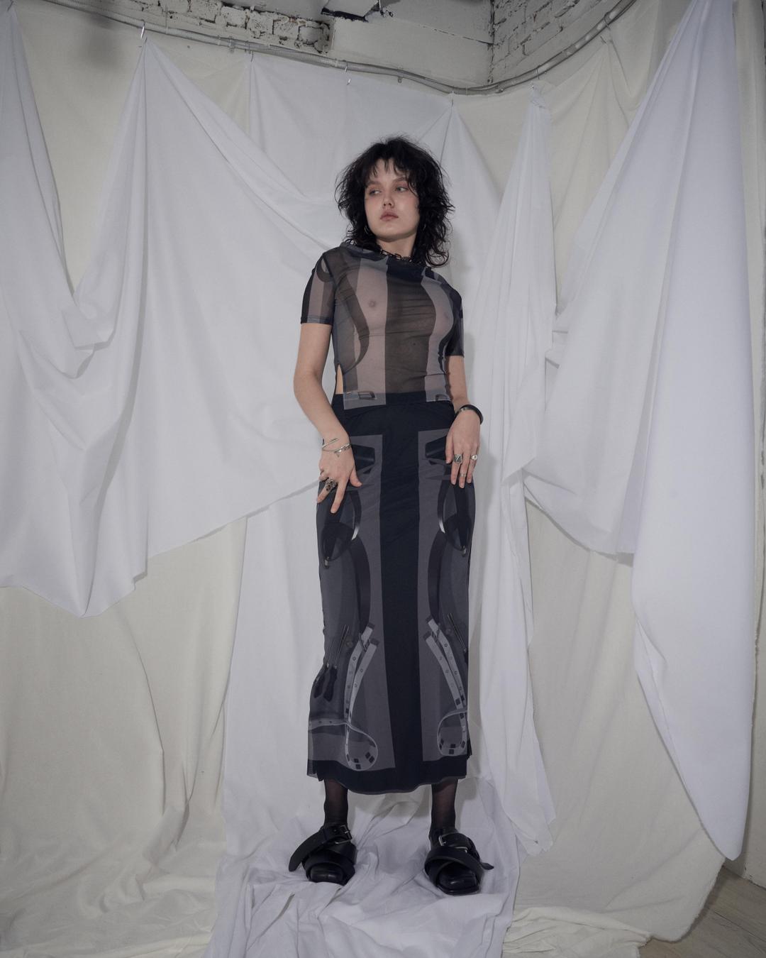 SCARF MESH LAYERED SKIRTS(BLACK)