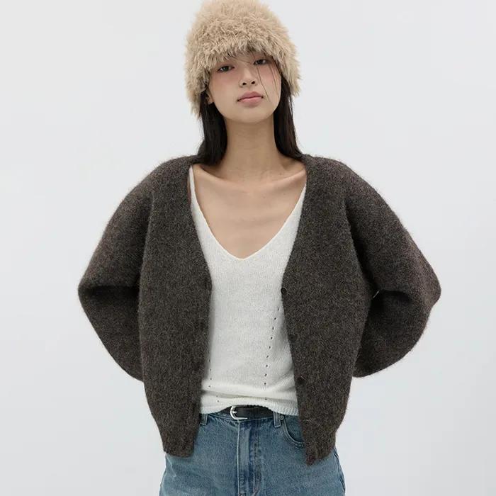 HEAVY WOOL KNIT CARDIGAN DEEP BROWN