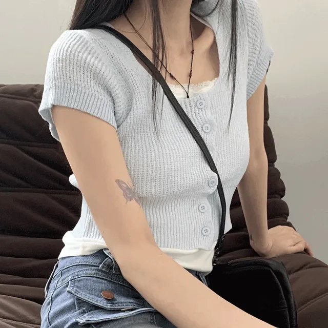 [5color] 블레어 부클 버튼 스퀘어 크롭 반팔 가디건