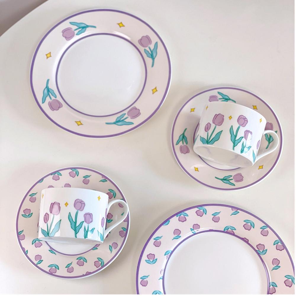 벨라 빈티지 퍼플 튤립 플레이트 레트로풍 소서세트