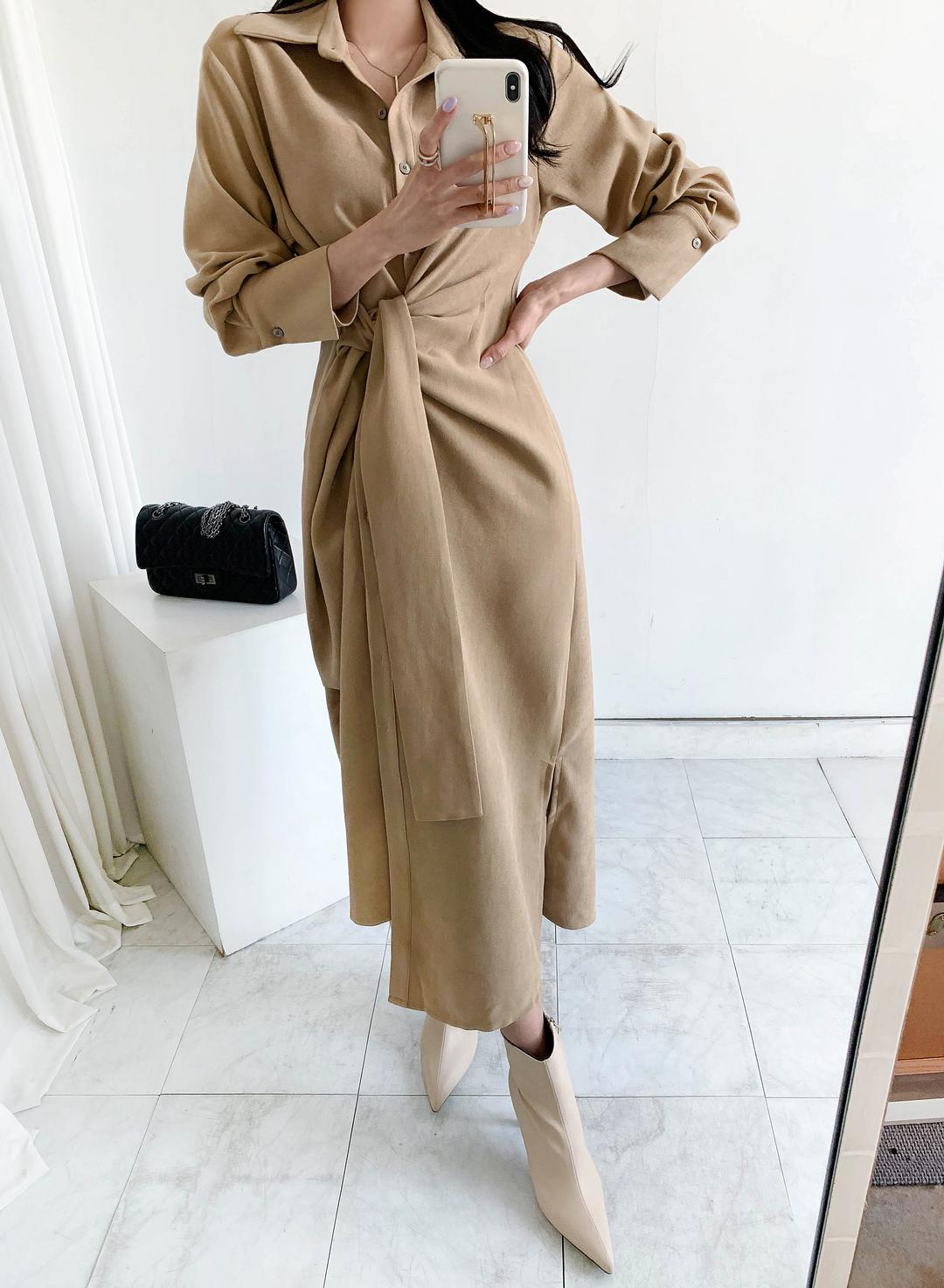 [무료배송] 허리매듭 기모피치 셔츠원피스(2col)