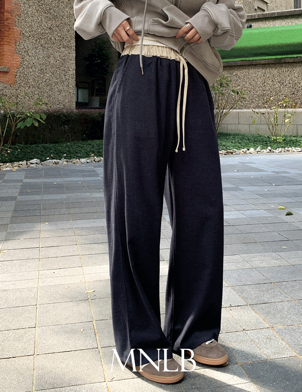 디어먼트  ❄️[기모바지/겨울바지/직진배송][MNLB] 보르도 기모 배색 스트랩 와이드 밴딩 팬츠 (기본/롱)