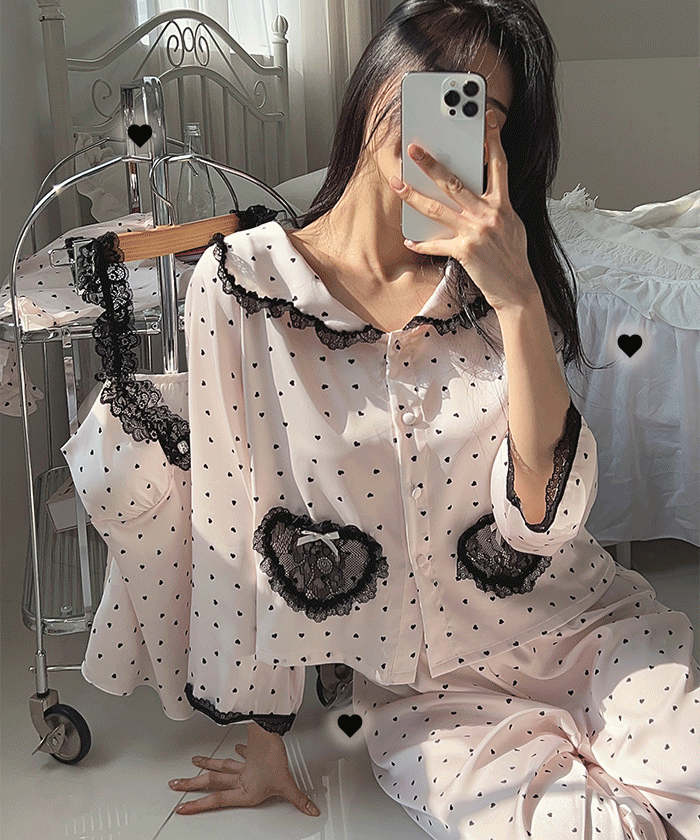 [4피스] 베리 파자마 SET 도트 레이스 잠옷 홈웨어