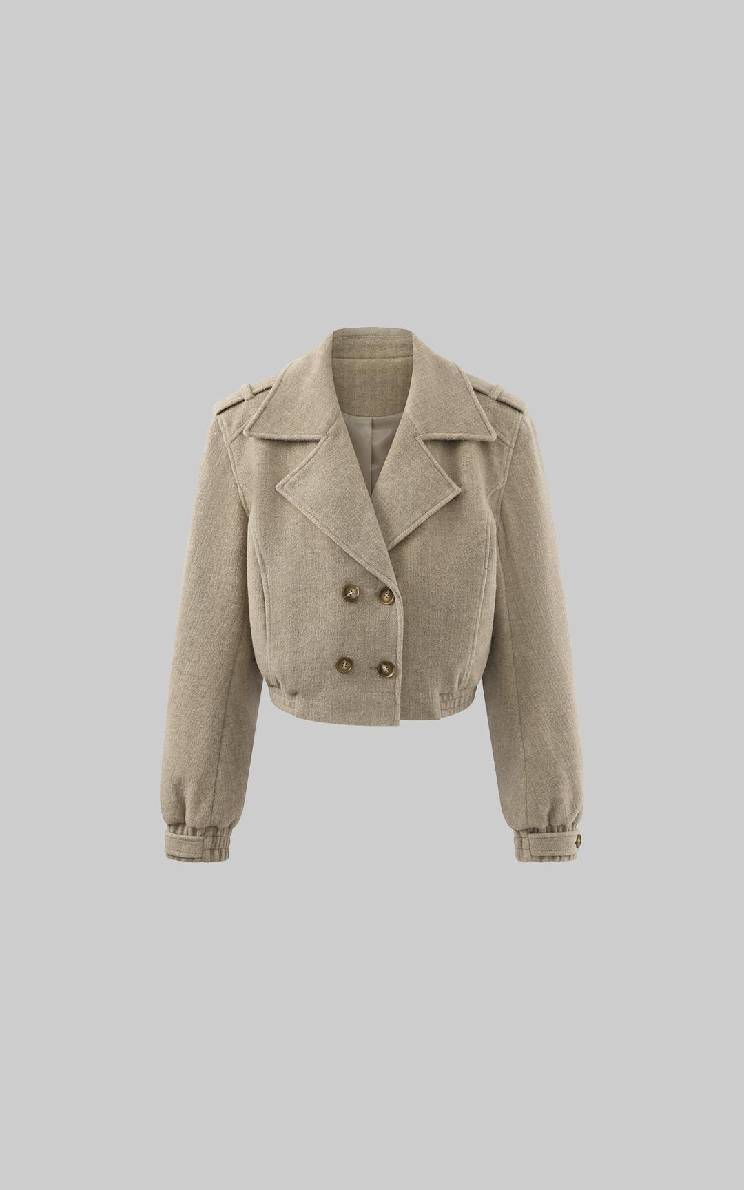 <tc>WARDEN EDGE 더블 브레스트 디자인과 구조적인 라펠이 돋보이는 크롭 울 느낌 코트</tc>