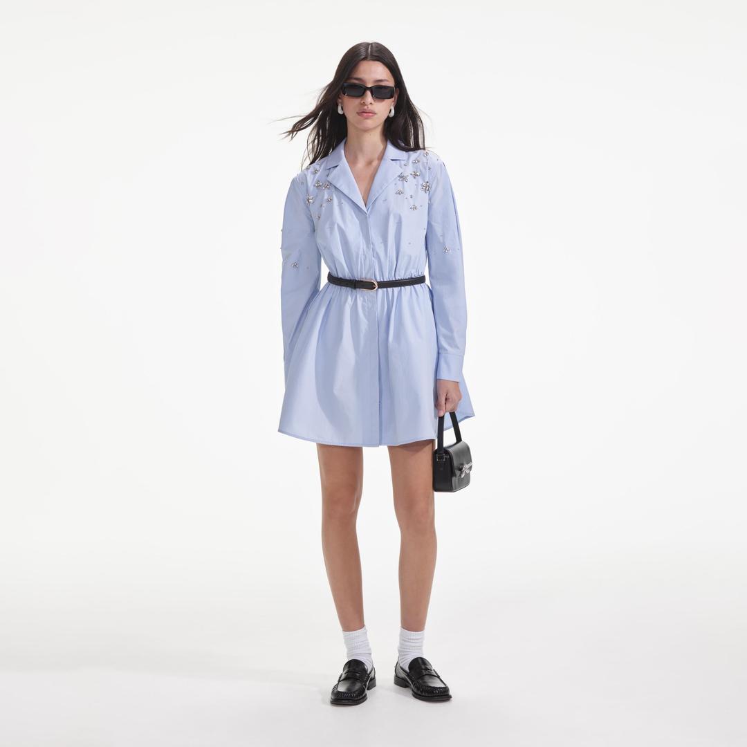 Blue Cotton Embellished Mini Dress - UK 4