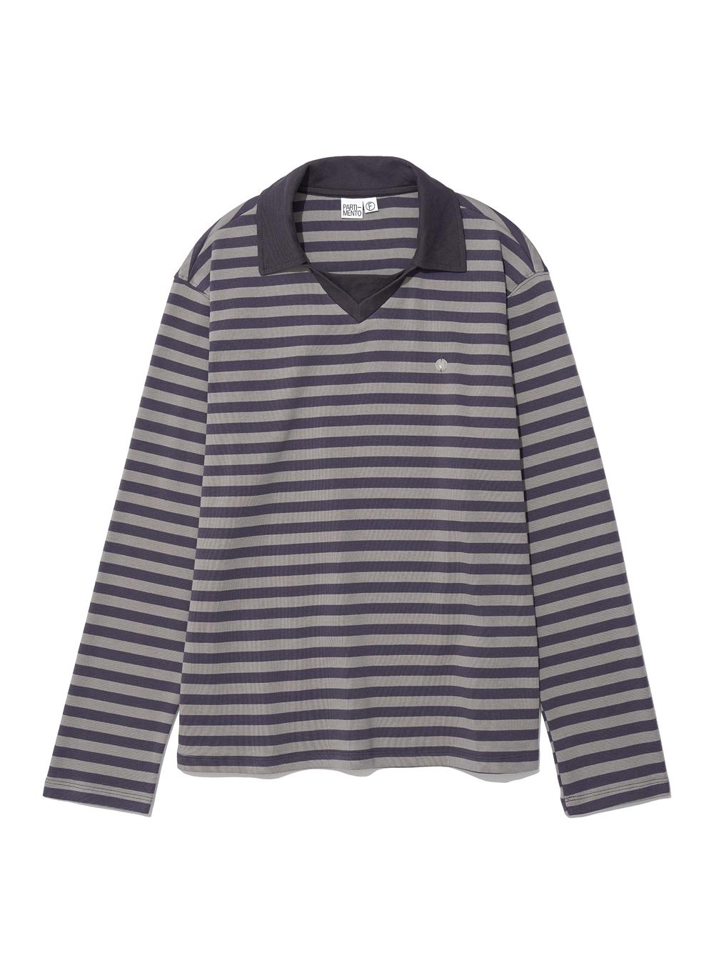 [WOMEN] DOUBLE COLLAR STRIPE LONG SLEEVE TEE_MOCHA GREY