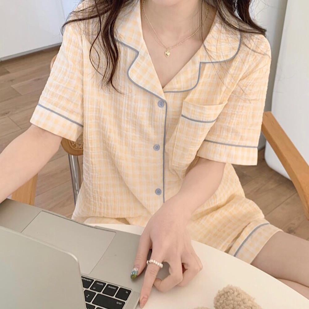 아이보리 체크 반팔잠옷 귀여운 파자마세트 실내복 홈웨어 선물