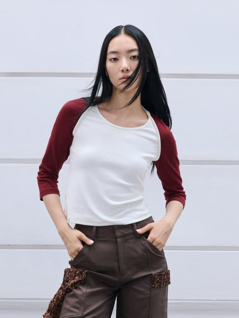 Vintage Raglan Punching Halterneck Short-Sleeved T-Shirt