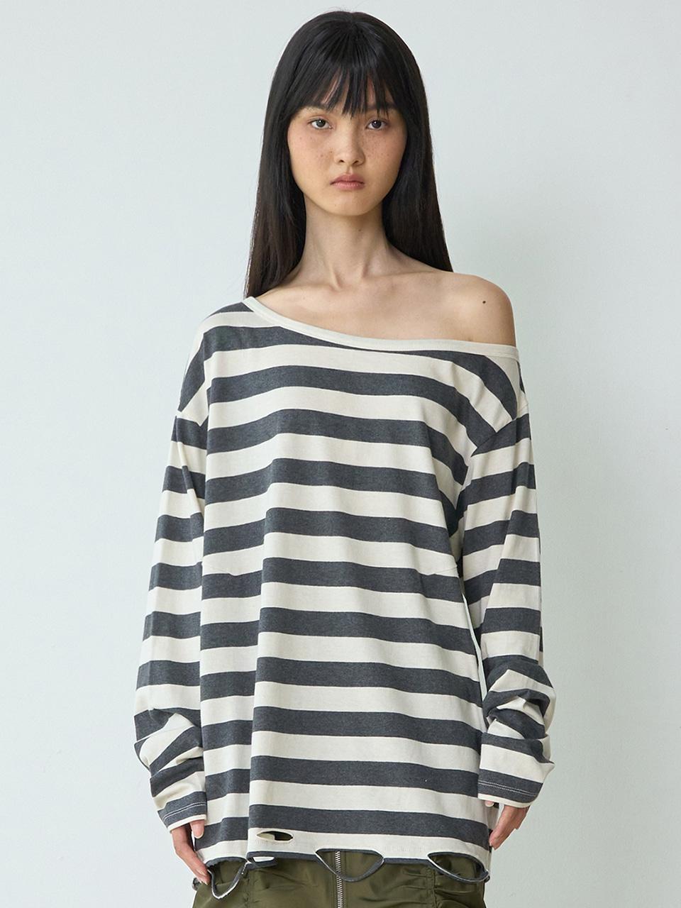 One Shoulder Distressed T-Shirts [Stripe Charcoal]