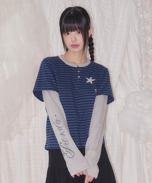 STRIPE LAYERED HENRY NECK  LONG SLEEVE DEEP BLUE