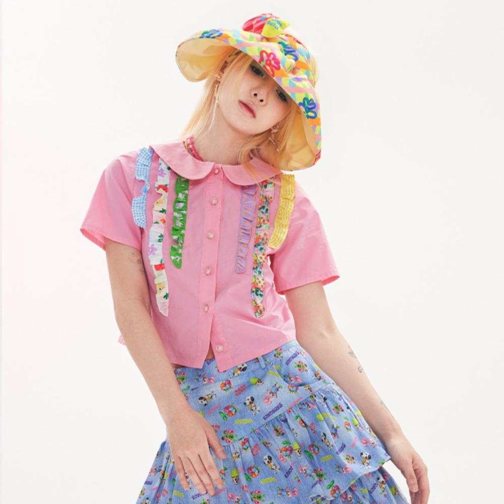 TNTNTUTU 핑크 플라워 프릴 셔츠 패치워크 둥근카라 크롭 반팔셔츠