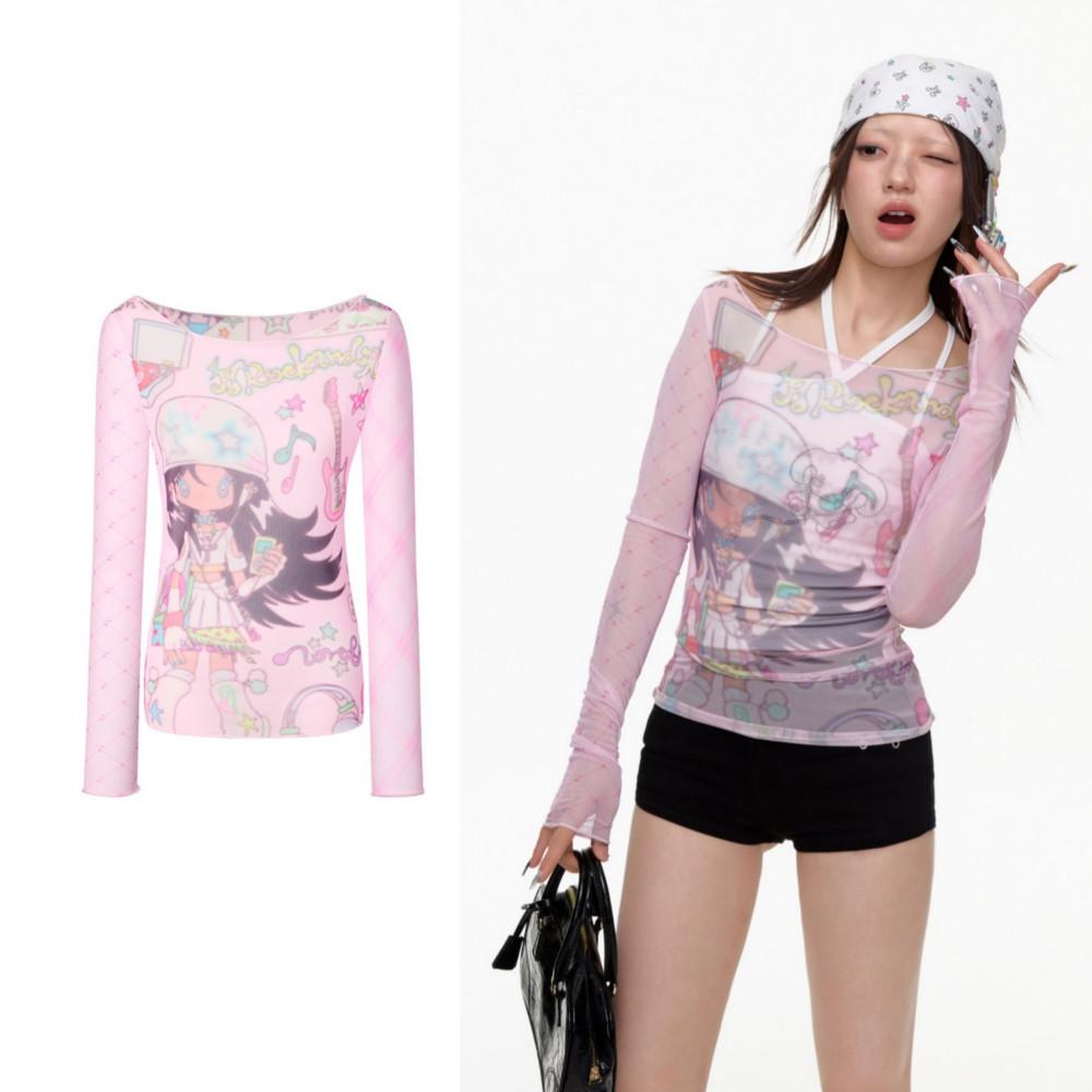 BETWEENAND X sunonebird 핑크 메쉬 긴팔티셔츠 일자넥 시스루티