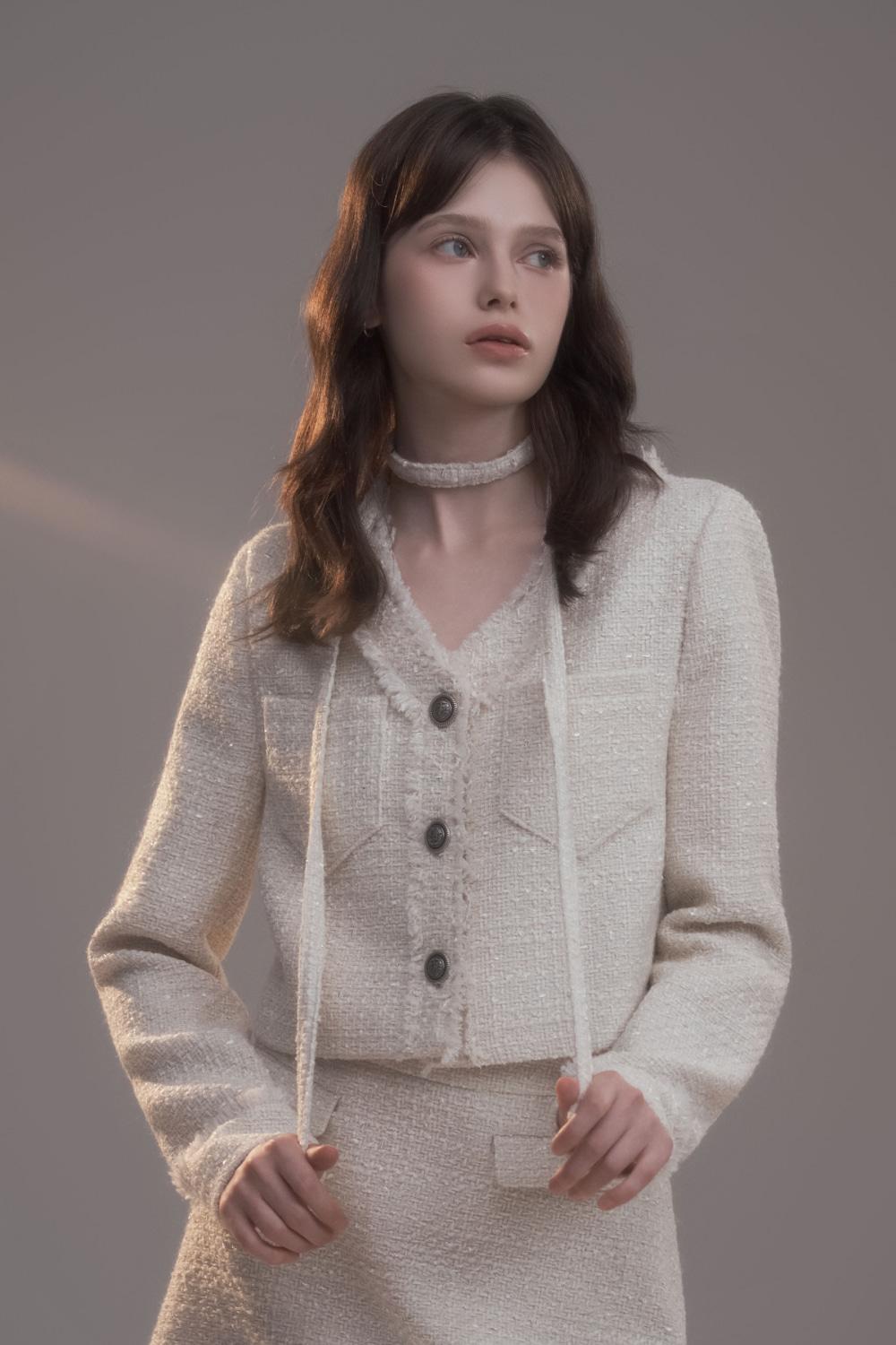 Fringed Tweed String Jacket-Ivory