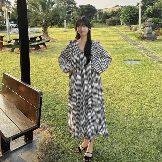 당일출고![반팔,긴팔선택/완전시원해요💘] 루즈핏 체크 브이넥 홈웨어 잠옷 롱원피스