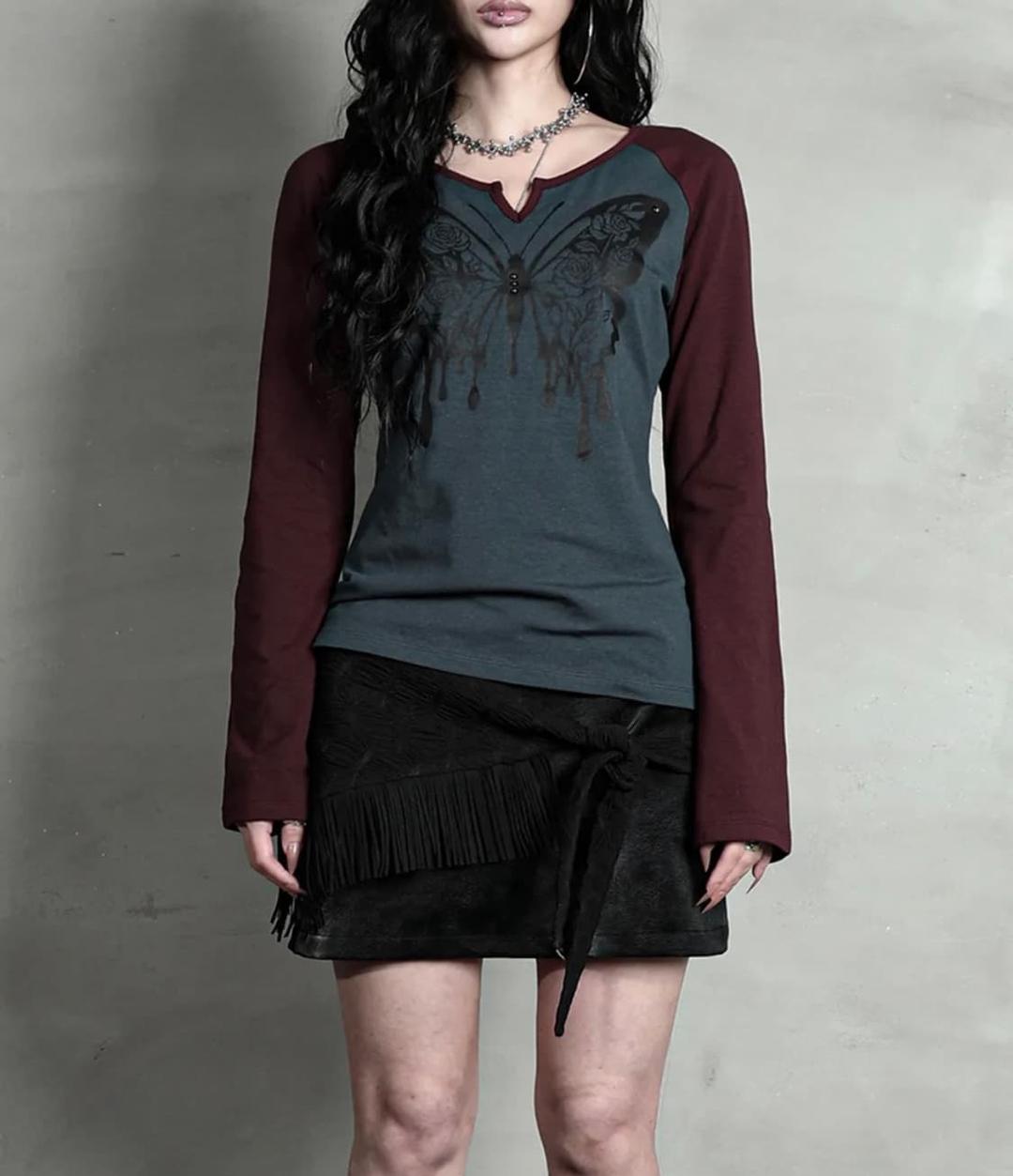 ROSE BUTTERFLY RAGLAN T-SHIRT #WINE BLUE | 후루츠패밀리