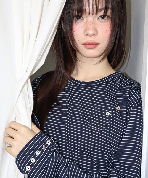 BUTTON MINI POCKET STRIPE LONG SLEEVE NAVY