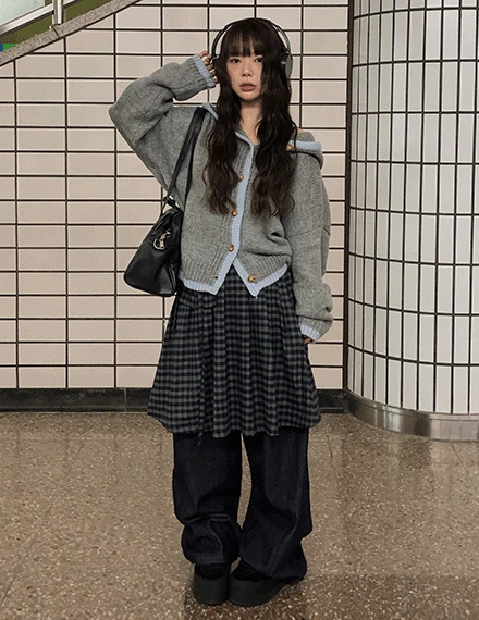 [루즈핏/간절기] @vinvle made, 세비드 배색 후드 니트 가디건