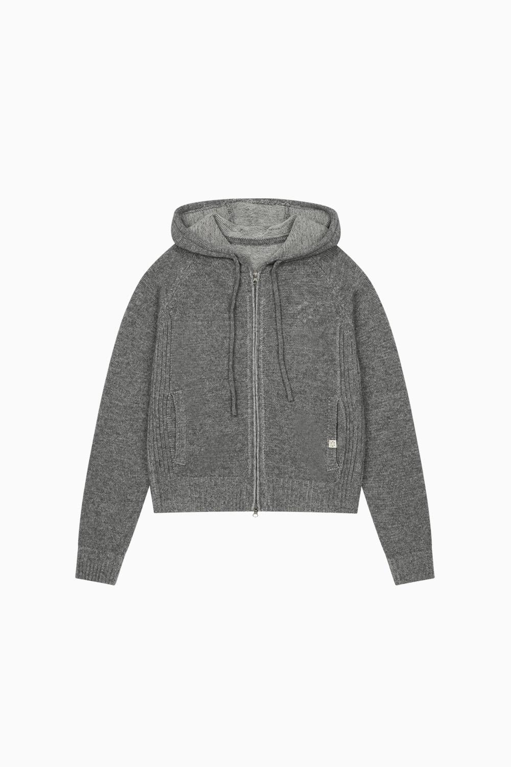 RIBBED KNIT HOODED ZIP-UP, GRAY